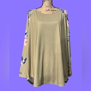 SHEIN Olive Green and Blue Floral Henley Style 3/4 Sleeve Shirt 3X